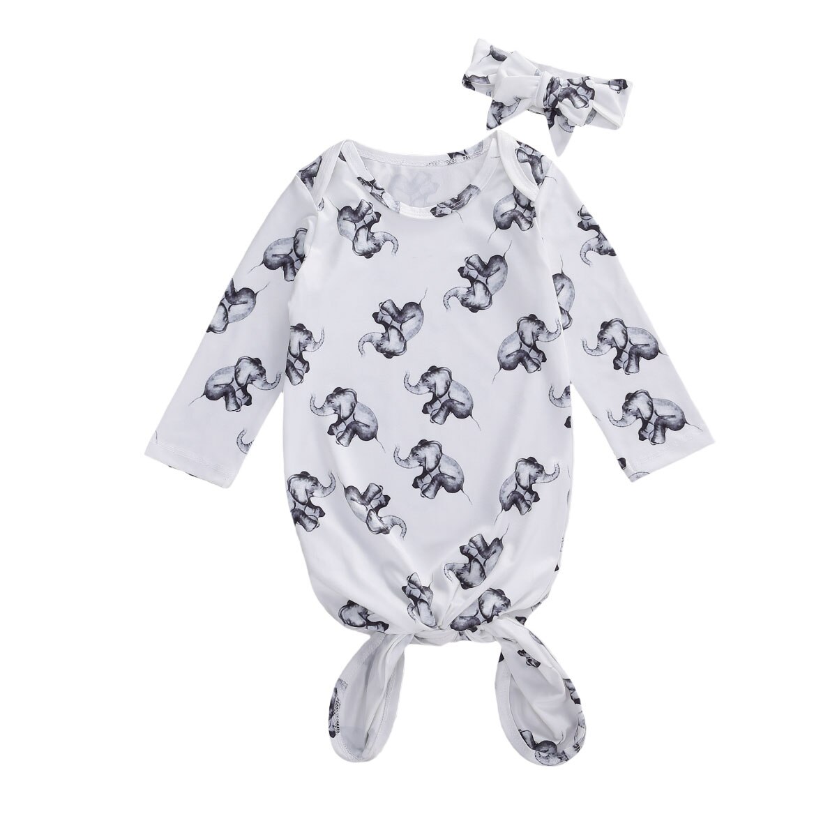 Nyfødt baby pige nattøj dejlig elefant print natkjole med pandebånd sæt kommer hjem tøj 0-6 måneder