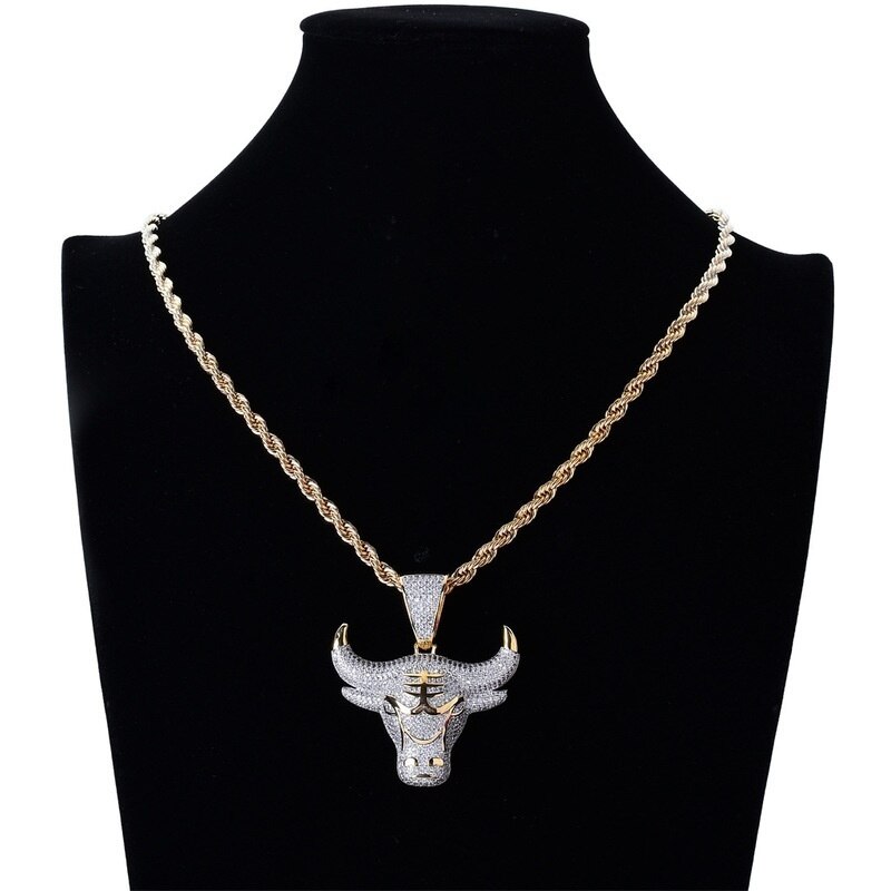 Men Hip Hop Full Rhinestone Bull Head Pendant Necklace Sparkling Ice Out Stainless Steel Gold Necklace