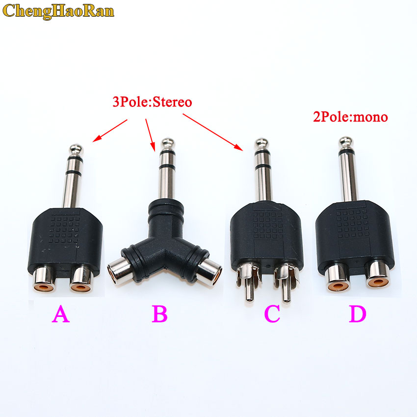 2/3- polig mono/stereo-jack 6.35mm to 2 xrca-jack ljudomvandlare dubbel hane/hona rca  to 6.5mm -hane kontakt förnicklad kontakt