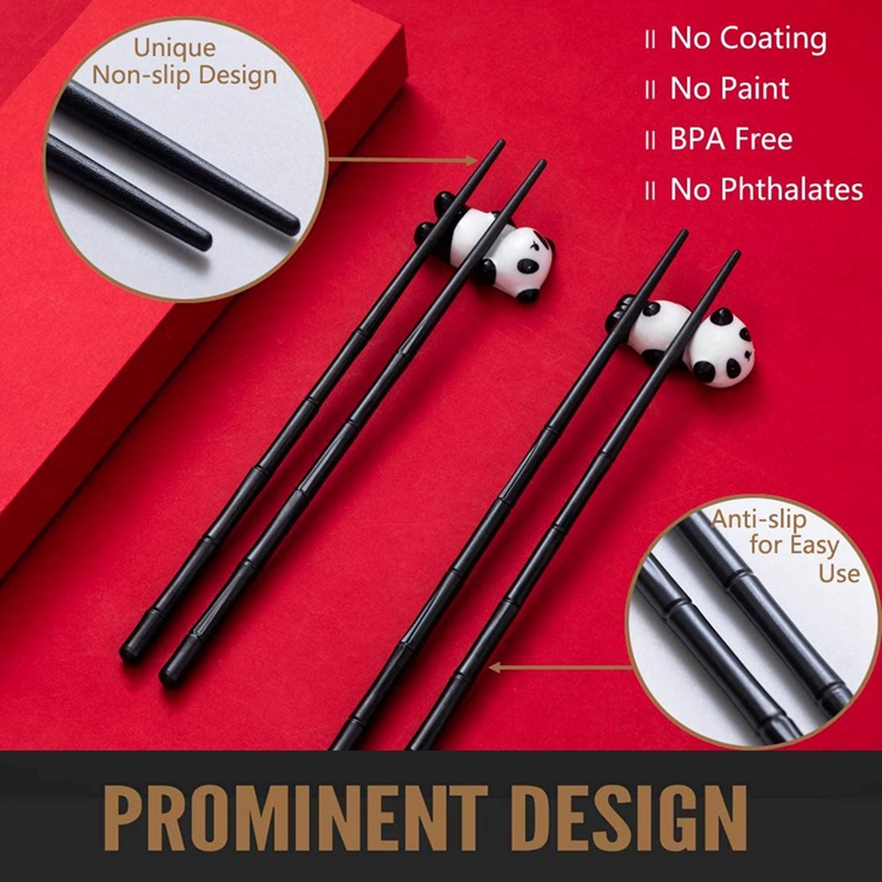 -2 Paar Eetstokjes En Chopstick Rest Set-Vaatwasmachinebestendig Herbruikbare Glasvezel Eetstokjes + Panda Chopstick houder