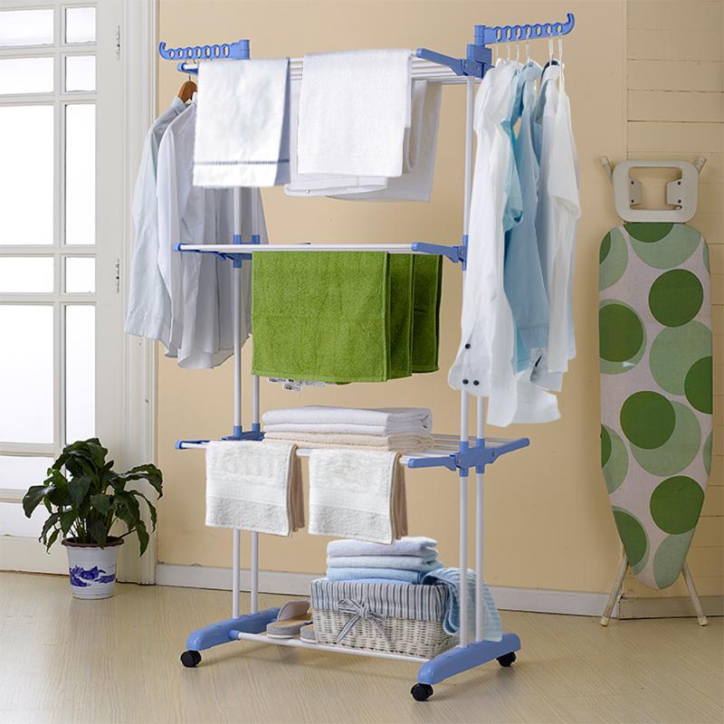 4 Tiers Verstelbare Droogrek Vloer Roller Kledingstuk Kleding Airer Roestvrij Wasserij Opknoping Drogen Opvouwbare Hanger Hwc
