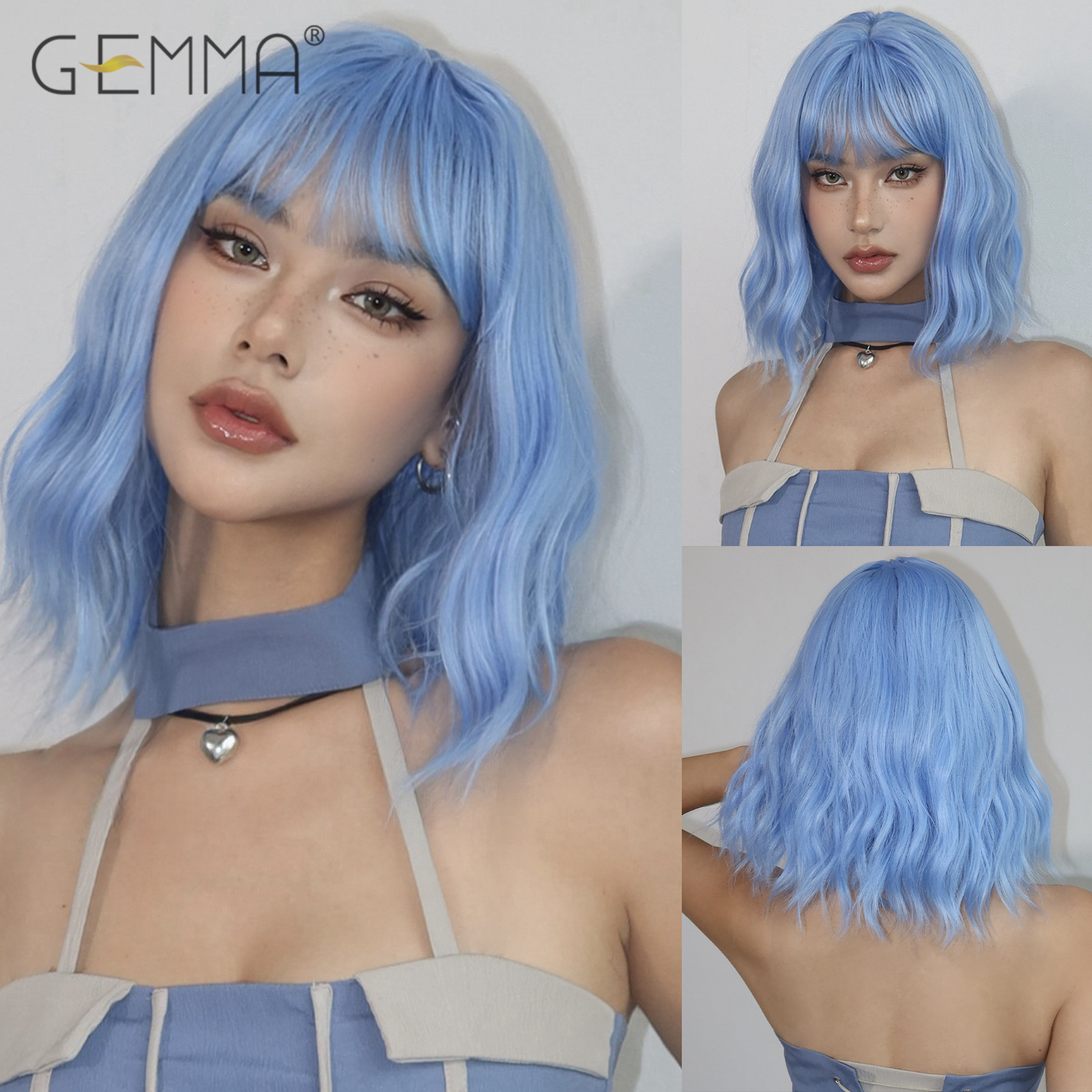 Ombro longo luz roxo peruca encaracolado sintético com franja para mulheres curto ondulado cosplay festa perucas de cabelo natural resistente ao calor: Azul