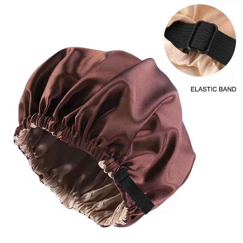 Satin Nightcap Invisible Flat Adjustment Buckle Simulated Silk Double Round Cap Shower Cap Beauty Salon Hat.: coffee