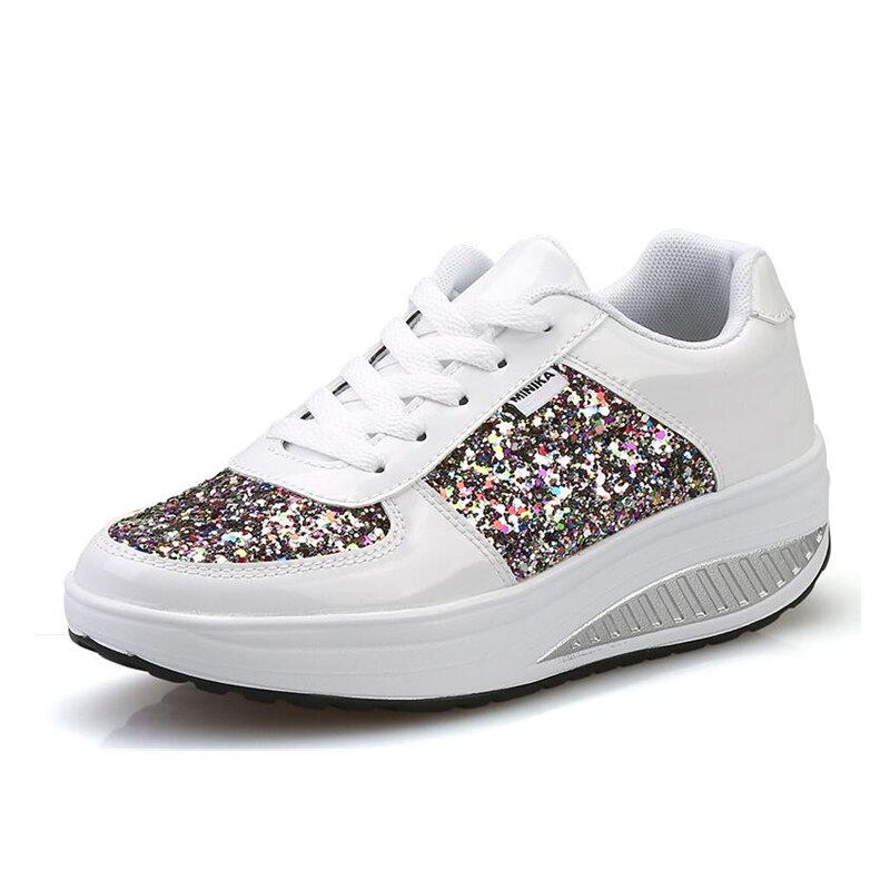 Pu glitter kvinder toning sko skinner vægt tabe swing sko tykke såler højde stigende kvinder sneakers