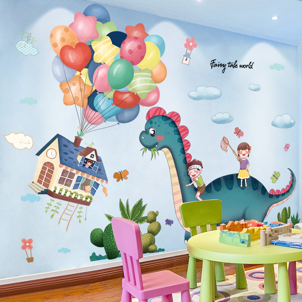 [Shijuehezi] Dinosaurussen Dieren Muurstickers Vinyl Diy Cartoon Ballonnen Mural Decals Voor Kinderen Kamers Baby Slaapkamer Home Decoratie