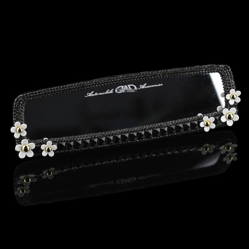 Bil diamant interiør bakspeil dekorasjon tusenfryd blomst krystall bil bakspeil til jenter kvinner auto tilbehør svart