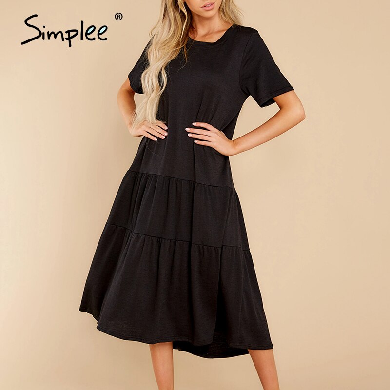 Simplee Aline ethnic soild color loose women dress Summer causel cozy dress for ladies chic female dress