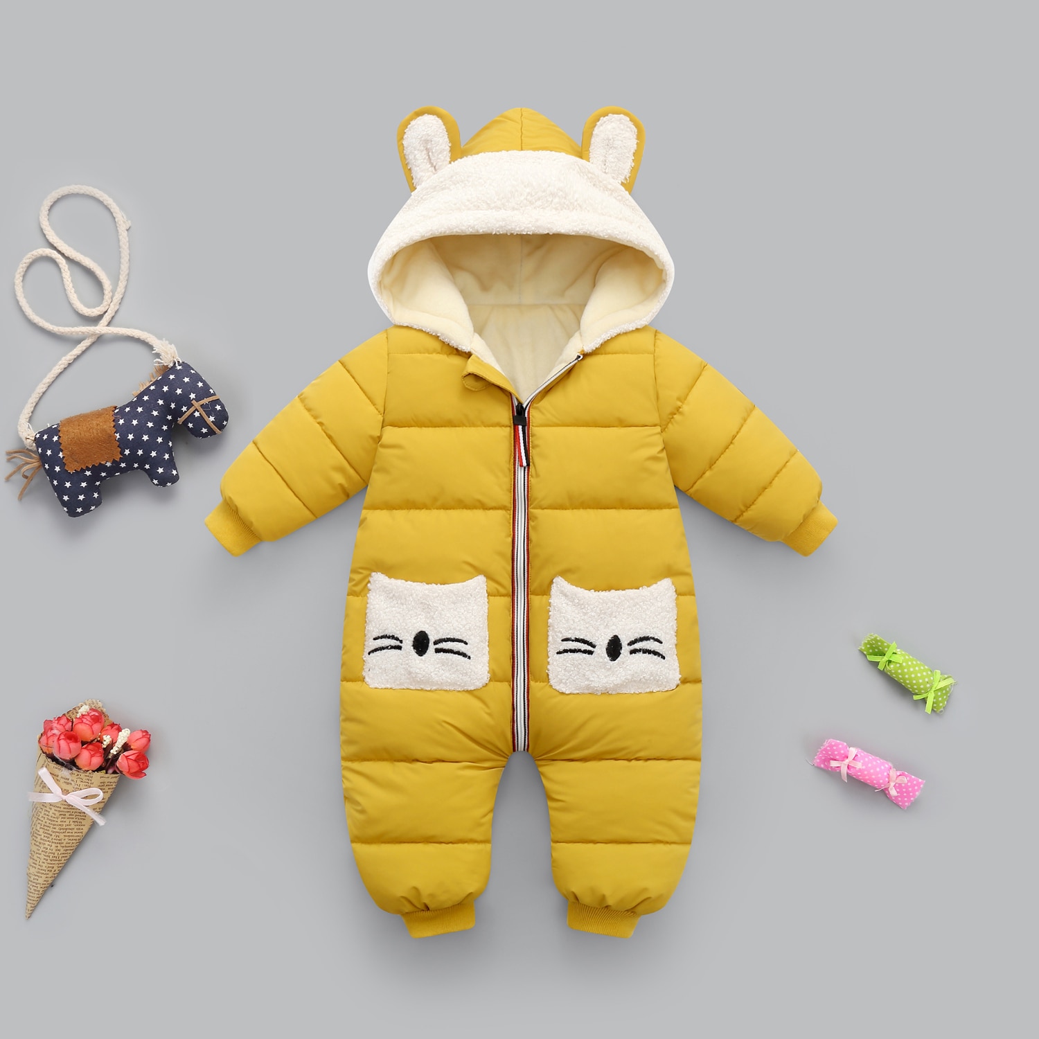 Born onesie vinter baby fløjl tøj romper til pige dreng jumpsuit børn frakke overalls børn kostume spædbørn tøj: Gul / 24m