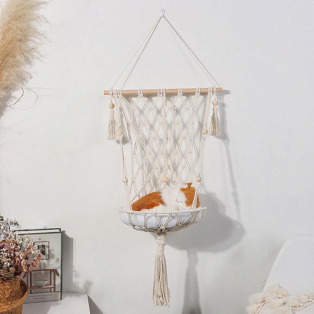 Cesta colgante tejida a mano para mascotas, nido de algodón para gatos, perros, hamaca de hilo de juguete, columpio bohemio para colgar en la pared, macramé de 5 tamaños