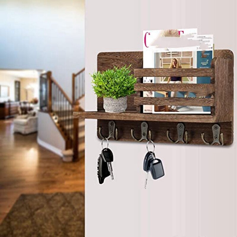 Entryway Mail Envelope Organizer with 4 Key Hooks Wall Mounted, Rustic Wood Mail Holder Shelf with Key Hooks for Wall