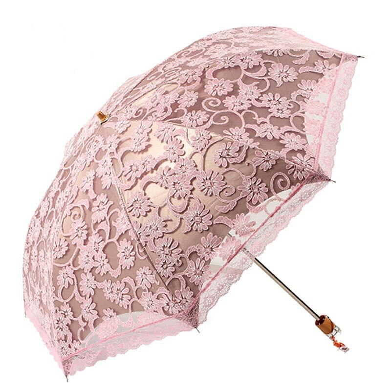 Kant Dames Parasol Parasol Regen Vrouwen Black Uv-bescherming Winddicht Waterdicht 2 Vouwen Meisje Prinses Paraplu: Roze