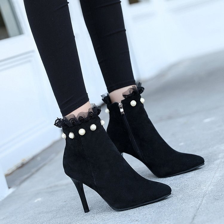 Perle retourné dentelle mi-mollet bottes pour femmes bout pointu automne bottes haute fermeture éclair talons minces hiver dames chaussures