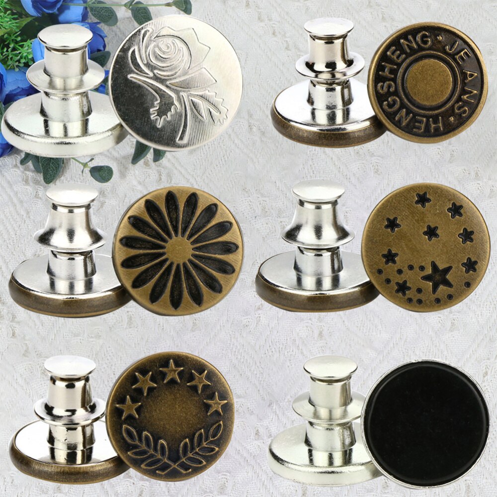 6pcs Alloy Detachable Star Buttons Jeans Easy Clip Snap Button Perfect Fit Instant Universal Buckles Thin Waist Replacement S