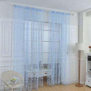 Cortinas de tul para puertas y ventanas, cortinas de tul con estampado Floral, de estilo Retro, en 6 colores, transparentes y ahuecadas: Blue