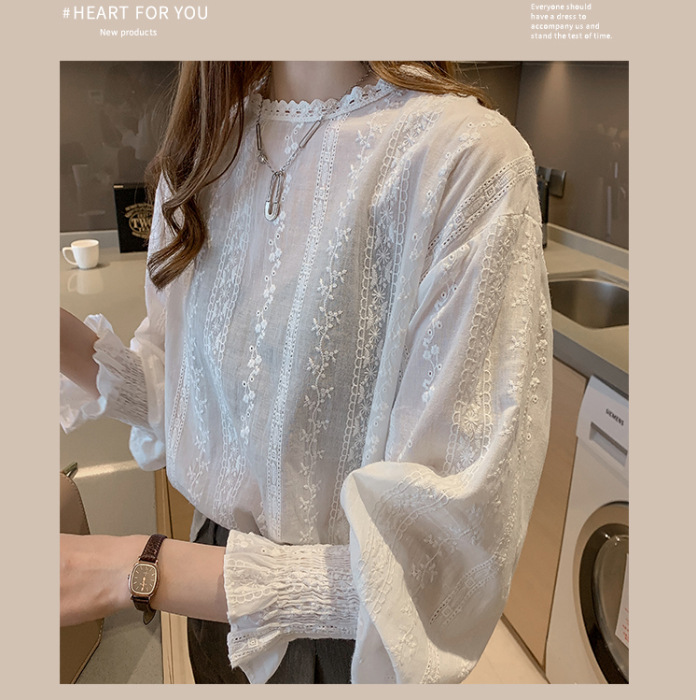 Estilo Vintage de encaje camisa manga hueco blanco Blusa Casual ropa nueva de Tops de encaje de mujer Blusa de mujer blusas
