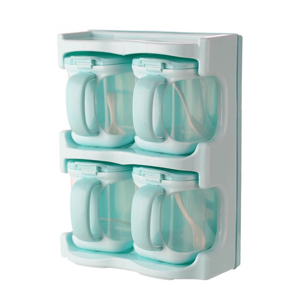 Boîte d'assaisonnement avec cuillères, récipients de cuisine, condiments, pots à épices en plastique, distributeur pour sel sucre Cruet NW: sky blue four grids