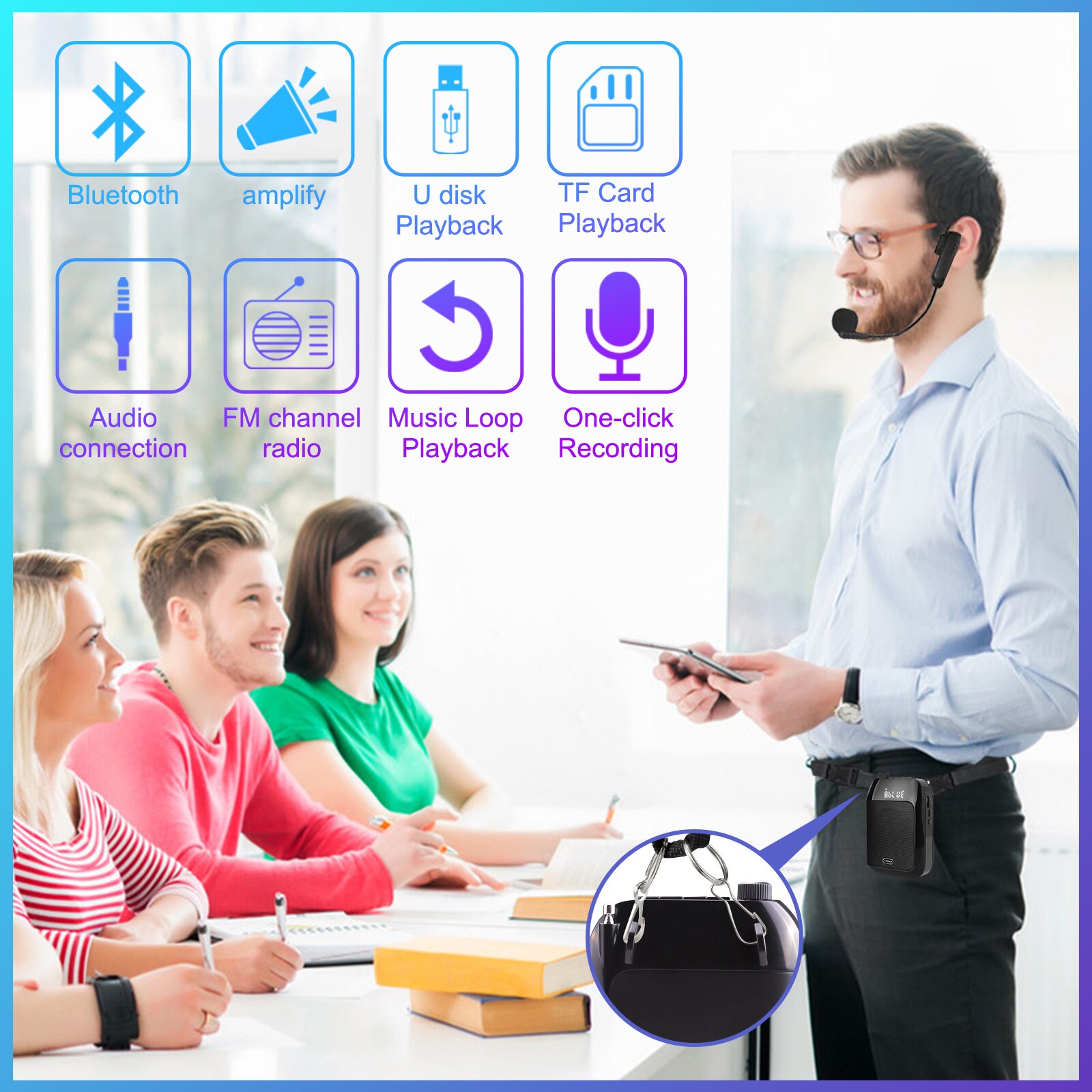 Gosear-Amplificador de voz portátil multifuncional, altavoz de voz compatible con Bluetooth, con micrófono inalámbrico para profesores, 15W