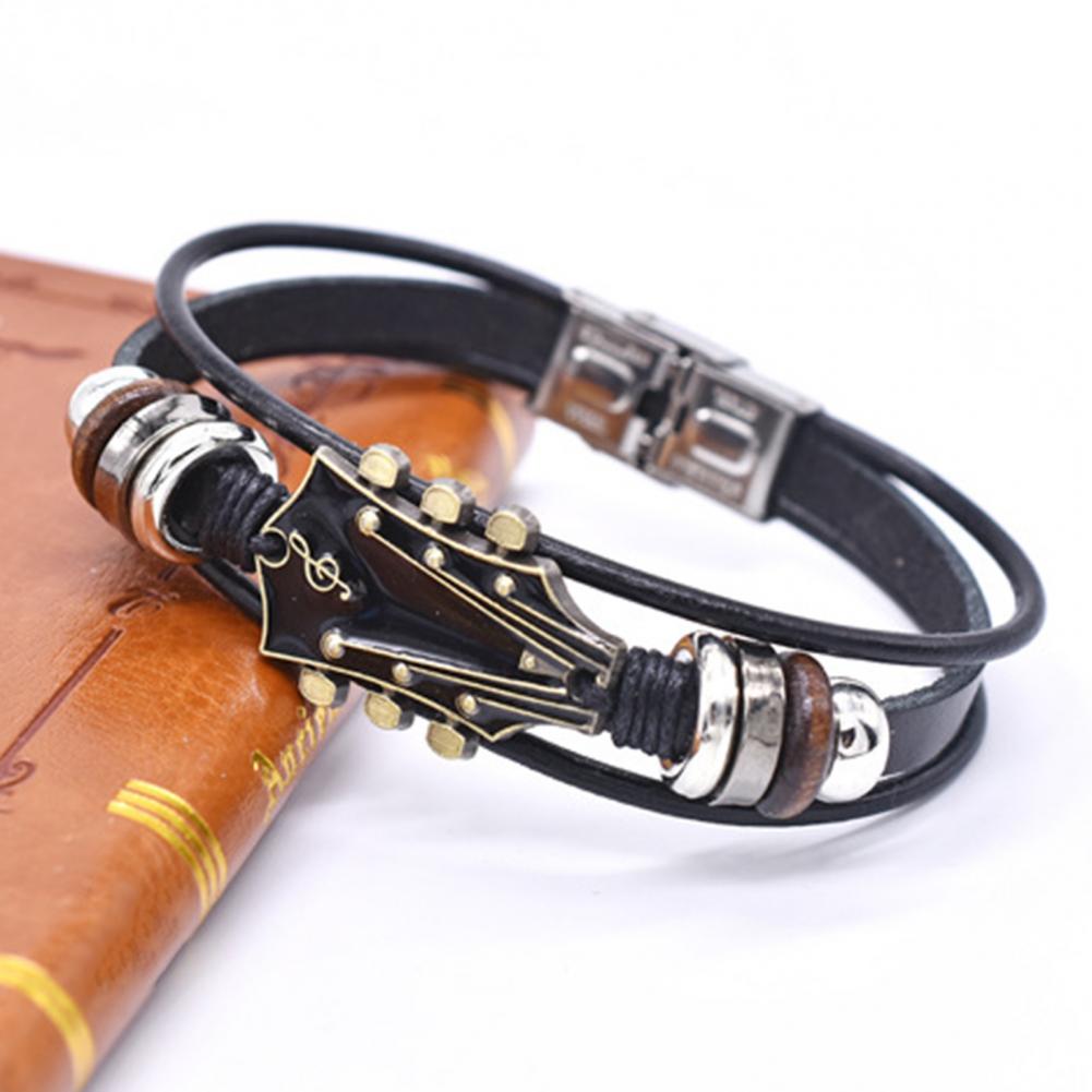 Braided Guitar Bracelet Faux Leather Zinc Alloy Adjustable Buckle Manual Woven 3-layered Retro Punk Wrist Jewelry