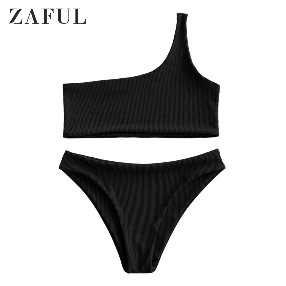 Zaful Geribbelde Een Schouder Ongevoerd Bikini Badpak Voor Vrouwen Effen Kleur Elegante Badmode Groene Ui Badpak: Black / L