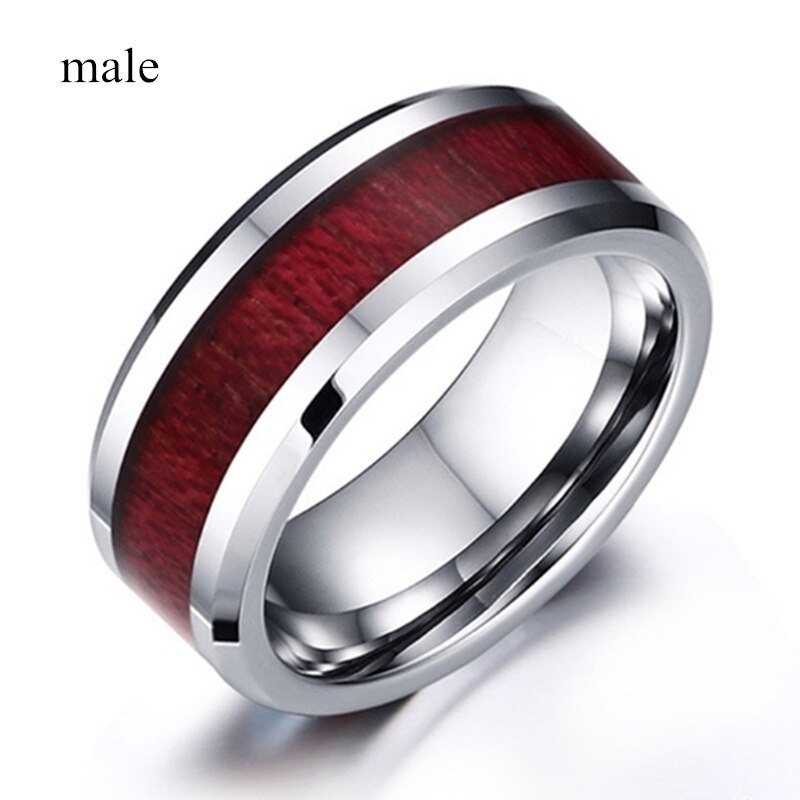Carofeez par ring smycken 8mm rostfritt stål röd imitation trä män ring kvinnors hjärta zirkon förlovningsring vigselring