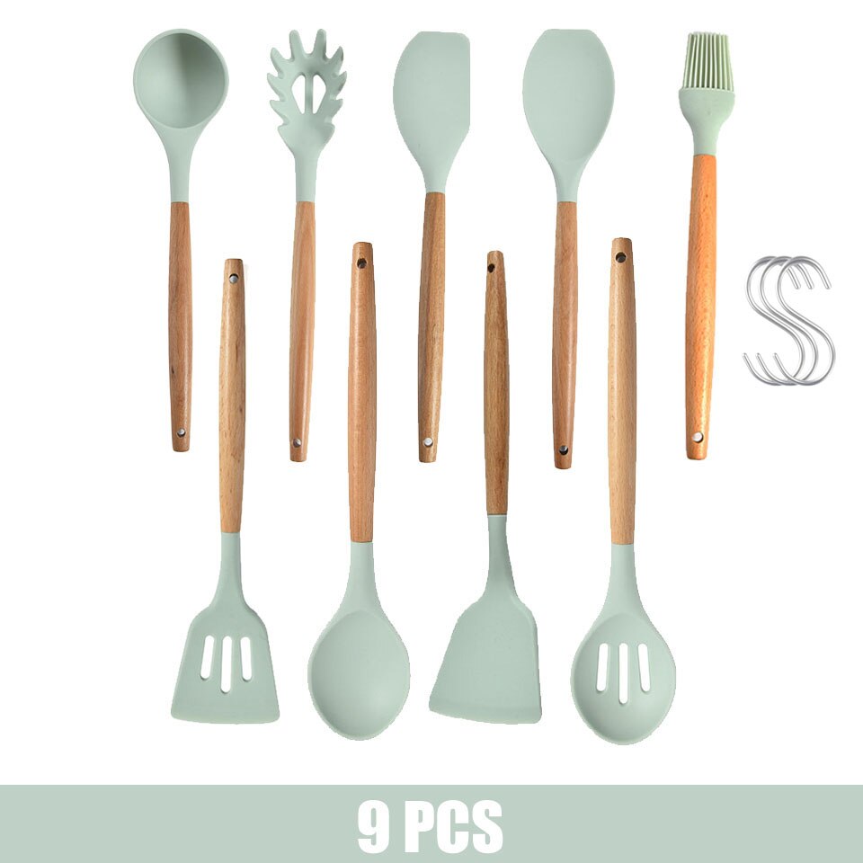 9/10/11/12PCS Kitchen Cooking Tools Set Silicone Utensils Set Turner Tongs Spatula Soup Spoon Non-stick Shovel Oil Brush: 9PCS