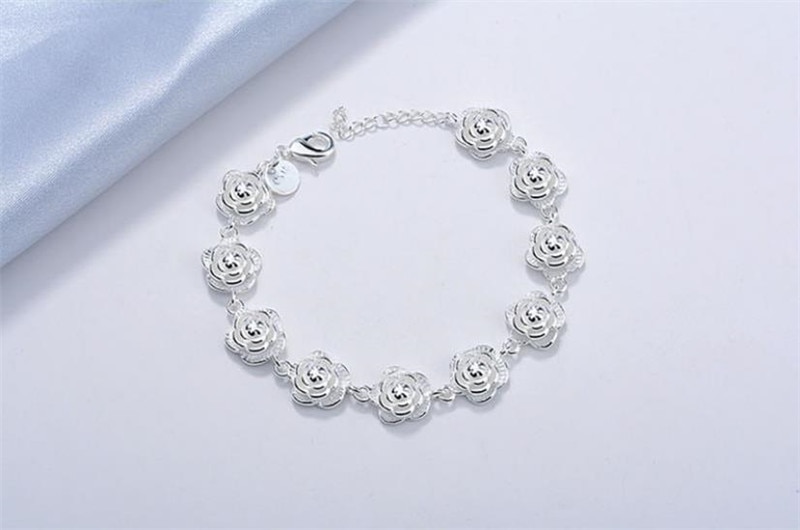 Pulseras de flores de rosa para mujer, joyería de plata de ley 925, mujer Navidad