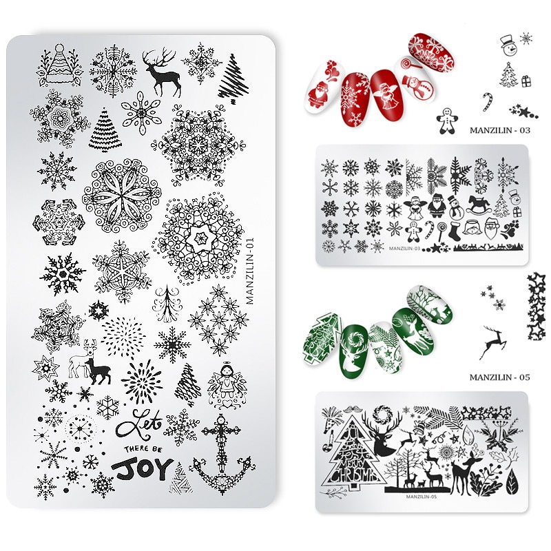 Kerst Xmas Thema Nail Art Stempelen Platen Kerstman Snowflake Jingle Bell Nail Stempel Sjablonen Nail Stencils Transfer Gereedschap