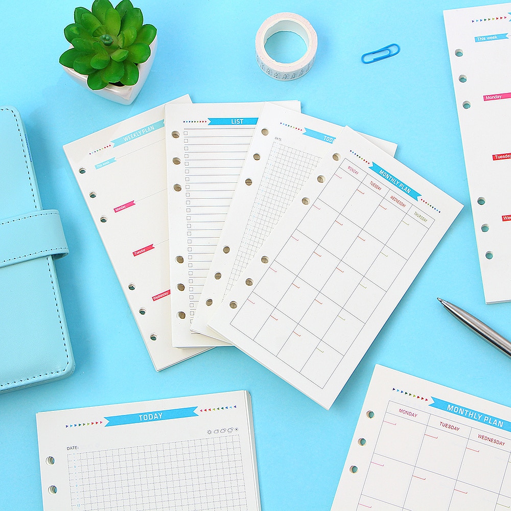Agenda en espiral con 6 agujeros, planificador con papel interno, diario semanal, Plan mensual para hacer lista, página colorida para cuaderno de hojas sueltas A6/A5