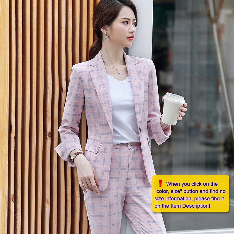 Lenshin 2 Piece Set Plaid Formal Pant Suit Blazer Office Lady Designs Women Soft Jacket and Ankle-Length Pant