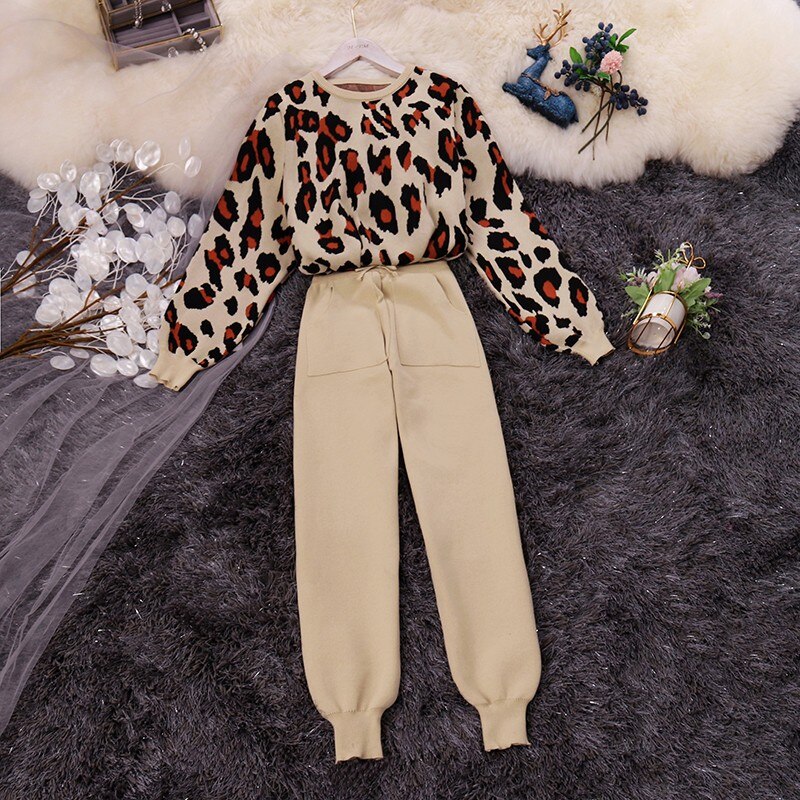 Amolapha dam stickad leopard pullover tröjor+byxor set kvinna jumpers byxor 2 st kostymer outfit: Kaki