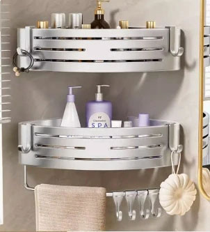 Estante esquinero para baño sin taladro, estantes esquineros para ducha montados en la pared con gancho, barra de toalla, estante organizador de baño de aluminio espacial: Verde militar