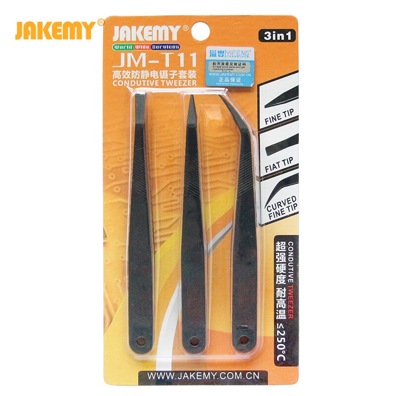 3 In1 Jakemy JM-T11 Anti-Statische Pincet Kit Hittebestendige Platte Puntige Gebogen Pincet Set Telefoon Laptop Pcb reparatie