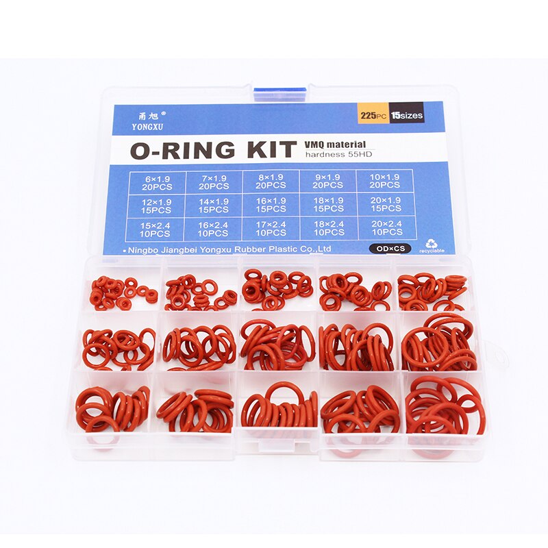 225-Piece Silicone O-Ring Assortment Kit – Metric VMQ Red Gasket Seals