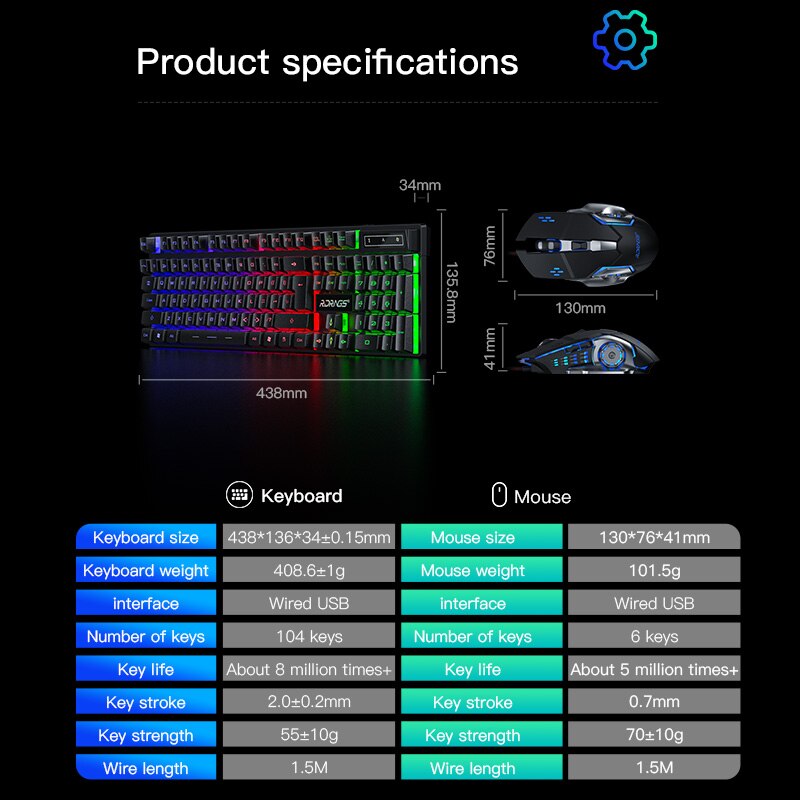 Gaming keyboard and Mouse Combos Wired Kit 104 Keycaps With RGB Backlight English keyboard Gamer Ergonomic Mause For PC Gamer