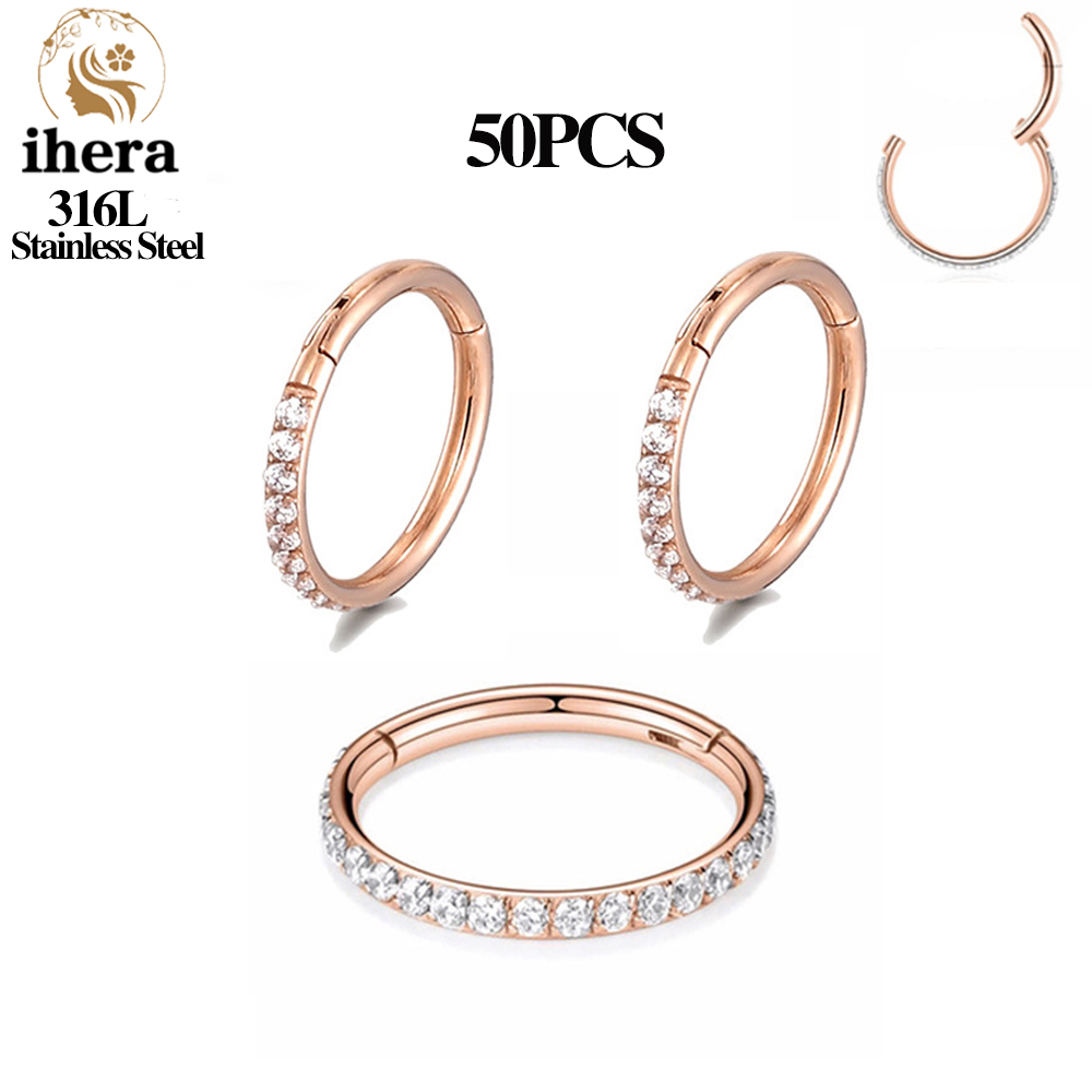 1/10/50 Uds. Anillo de acero inoxidable con bisagras de circón para tabique nasal, pendientes redondos, aros para oreja, Tragus, hélice, joyería para Piercing