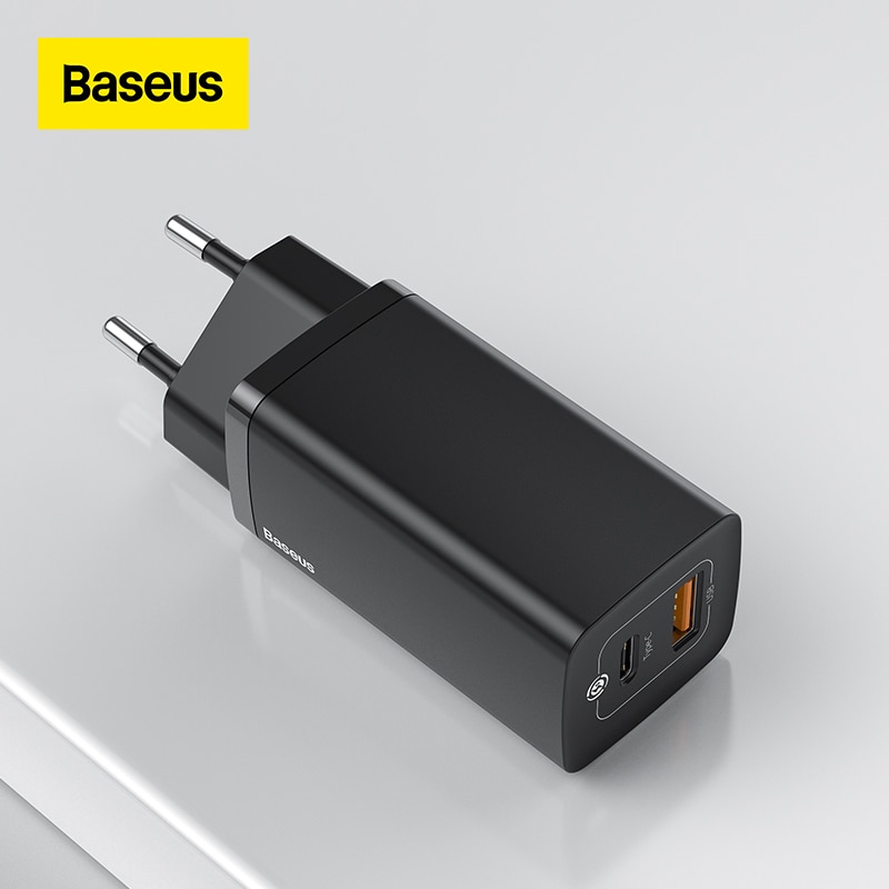 Baseus-cargador GaN de 65W, dispositivo de carga rápida 4,0, 3,0, doble puerto USB, para teléfono IP, para xiaomi, Samsung y portátil