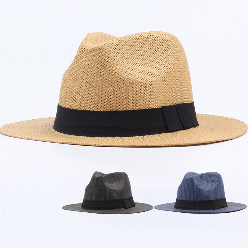 Verão chapéu de praia para homens e mulheres, chapéu de palha com faixa preta, aba plana, panamá, panamá, aba larga, praia, novo modelo, ht3090
