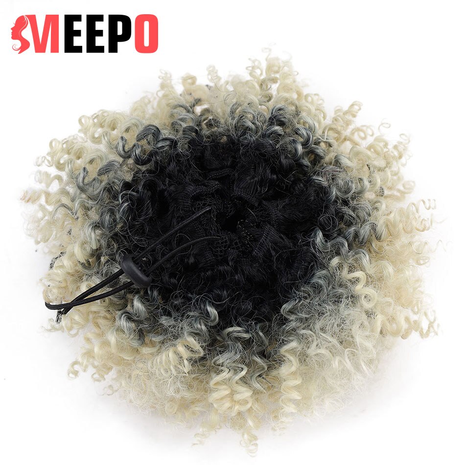 T1B/613 Synthetic Short Curly Drawstring Ponytail High Puff Natural Afro Puff with Bangs Heat Resistant Clip In Hair