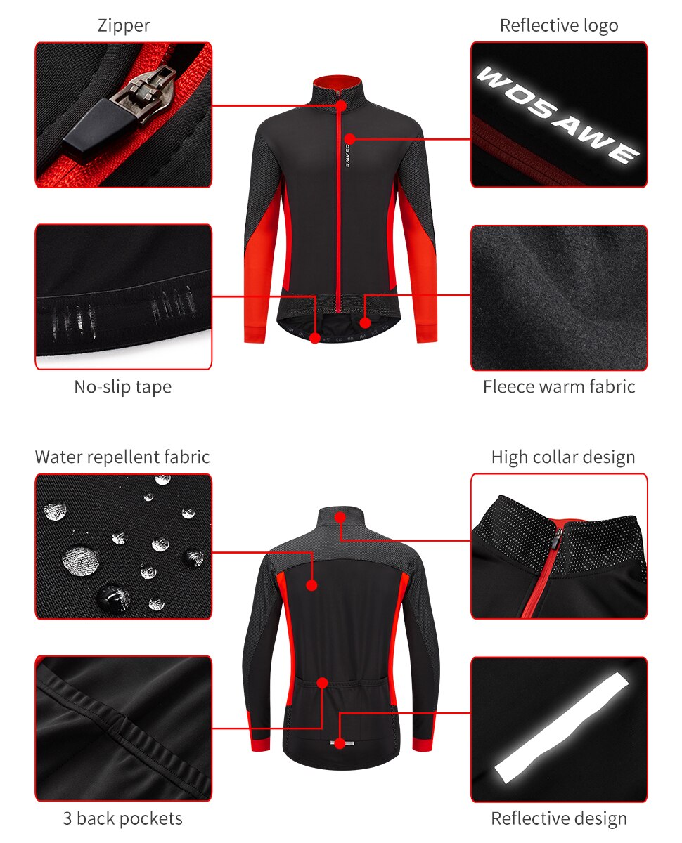 WOSAWE-Chaqueta de invierno para hombre, forro polar de manga larga, reflectante, antideslizante, cálida y a prueba de viento, para montar en bicicleta de montaña