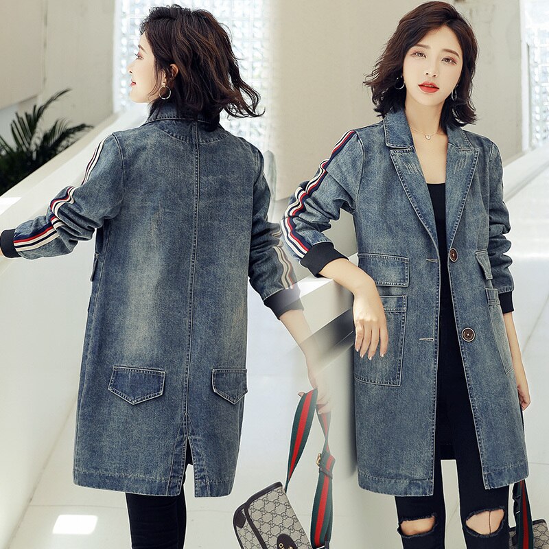 Chaqueta vaquera lavada para Mujer, abrigo cortavientos, ropa de calle, gabardinas largas de otoño,