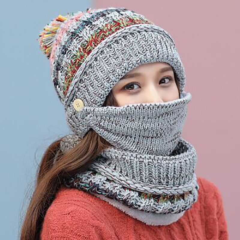 Set van 3 anti-condens mutsen voor dames, wintermutsen, fluwelen dikke slabbetjes, maskers met schedels, stofdichte mutsen voor dames, warme gebreide wollen mutsen