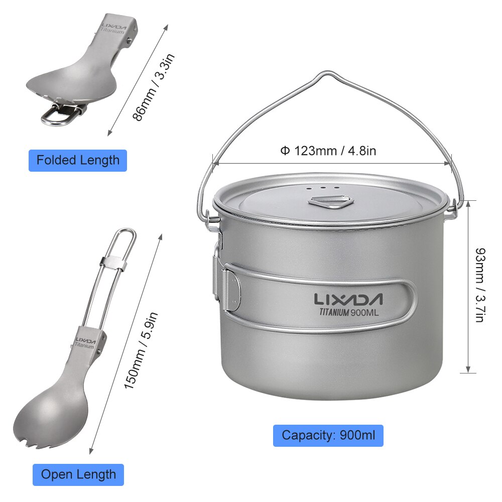 Lightweight Titanium Pot with Folding Spork Outdoor Cooking Pot Camping Cup Mug for Outdoor Camping Hiking Backpacking Picnic: 900ml