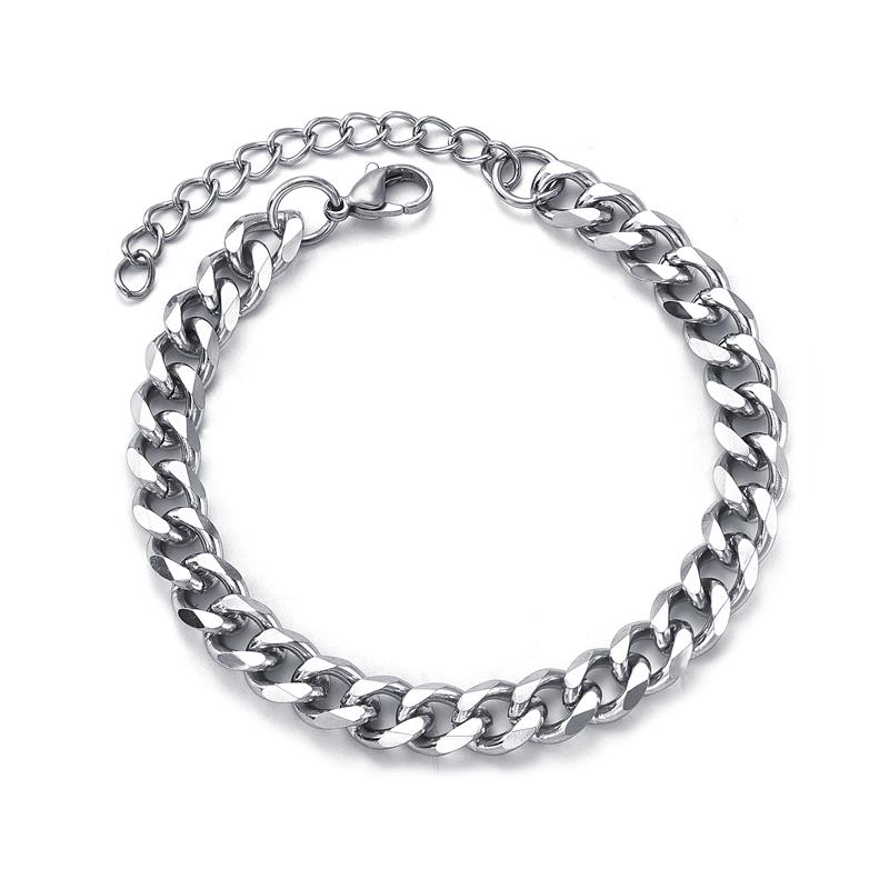 Mode Cubaanse Ketting Armband Voor Mannen Vrouwen 316L Rvs Mannelijke Sieraden Armbanden Met Extender Verstelbare Bangle: Silver 7mm