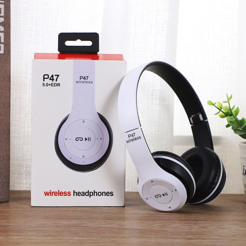 P47 Wireless Headphones Bluetooth 5.0 Earphones Foldable Bass Helmet Support TF-Card For All Phone PC PS4 With Mic Headsets: White
