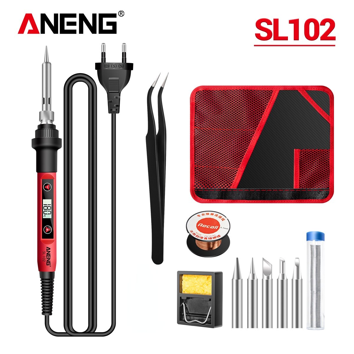 ANENG-soldador eléctrico SL102, 60W, enchufe US/EU, herramienta de soldadura con pantalla Digital de temperatura ajustable, 220V soldadura puntas soldador estaño, soldar electrocauterización portátil: SL102 PRO EU plug