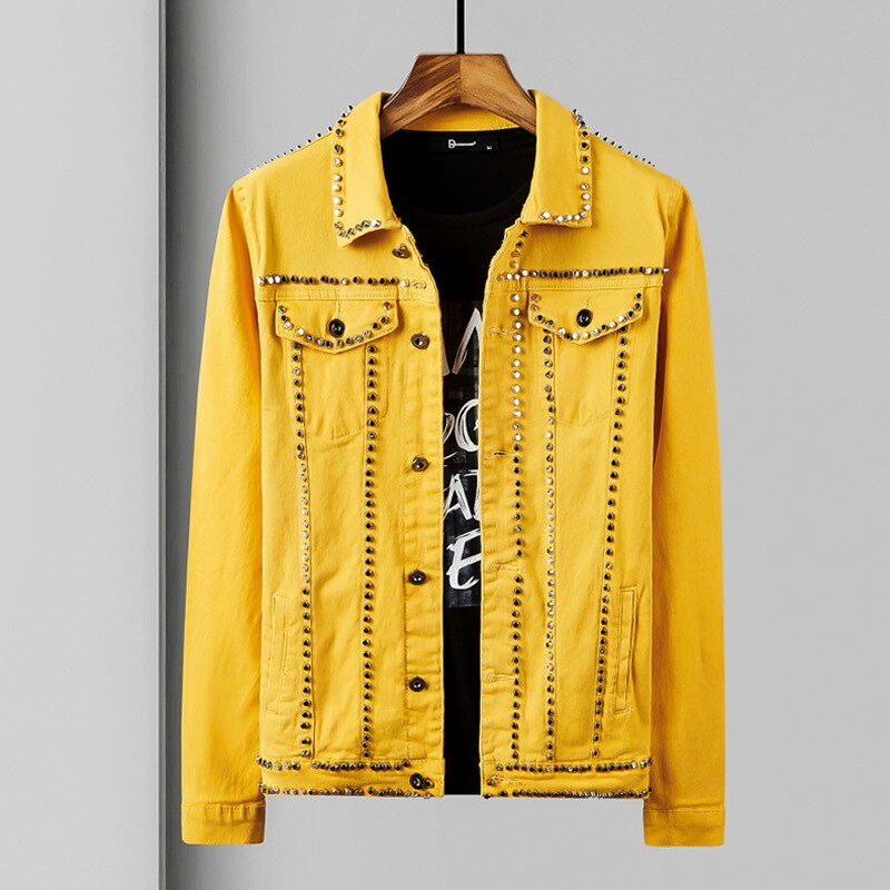 Chaqueta vaquera de leopardo para hombre, ropa informal con de varias telas, remaches Punk, prendas de vestir, estilo Hip Hop,: Amarillo / 5 XL
