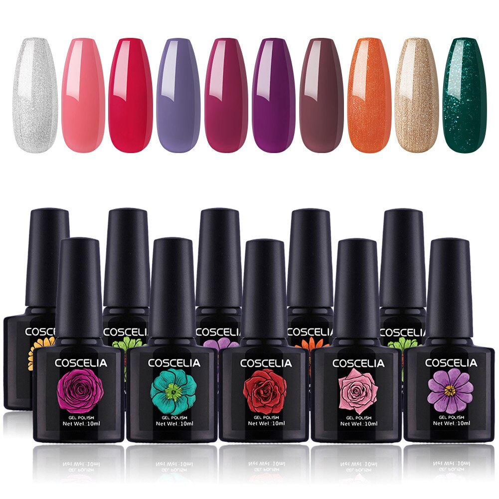 Coscelia neglesæt gel neglelak sæt med 36w uv led lampe 10/20 farver soak off manicure værktøj sæt negle kunst dekorationer: Kun 10 stk gel