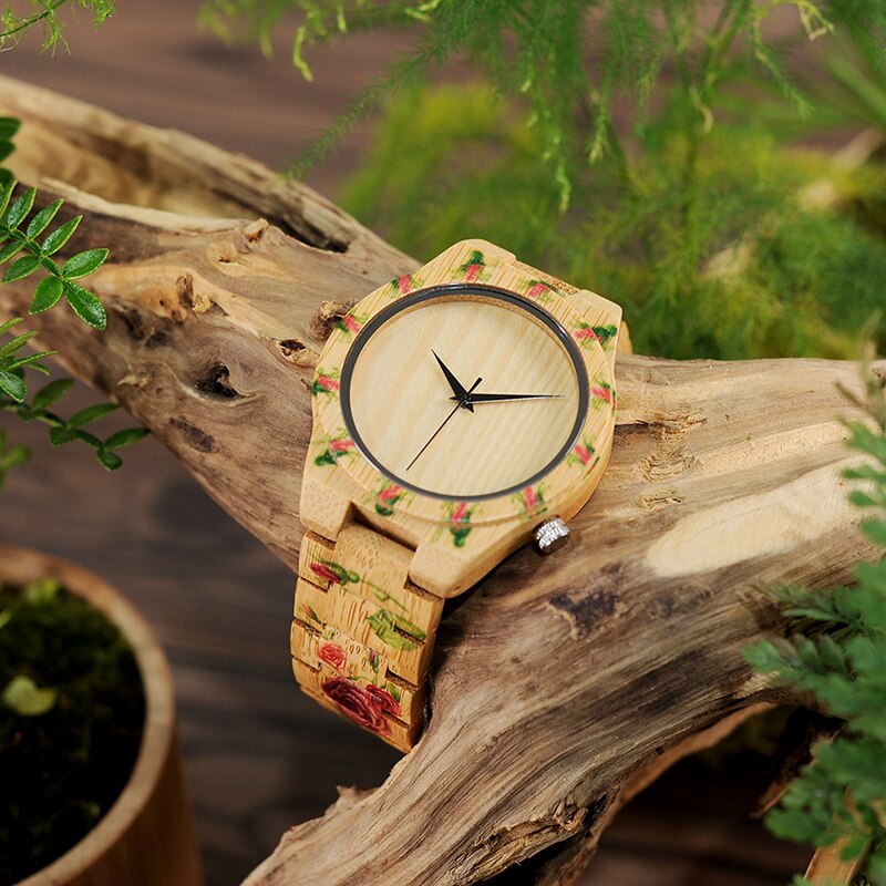 Bobo bird houten herenhorloges met bloemenprint van bamboeband, horloge voor heren, dameshorloges, herenhorloges