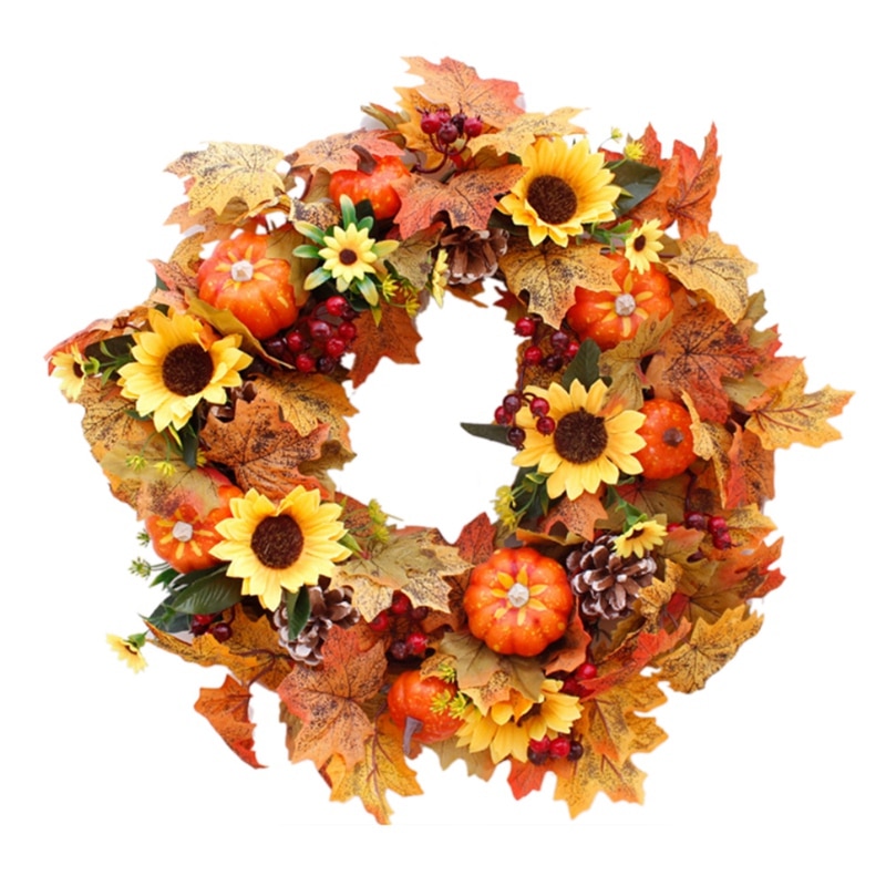Kunstmatige Zonnebloem Pompoen Pine Cone Berry & Maple Leaf Krans, Voor Halloween & Thanksgiving Thuis Arrangement Decoratie