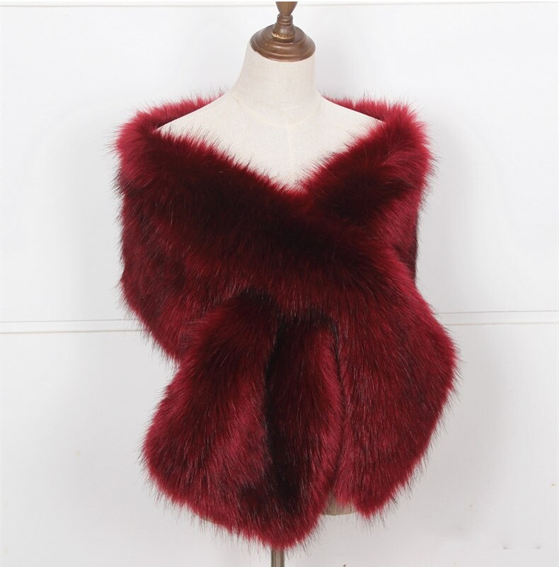 JaneVini Navy Winter Faux Fur Bolero Bridal Shawls and Wraps Warm Cape Cloak Wedding Coat Jacket for Evening Party: Burgundy